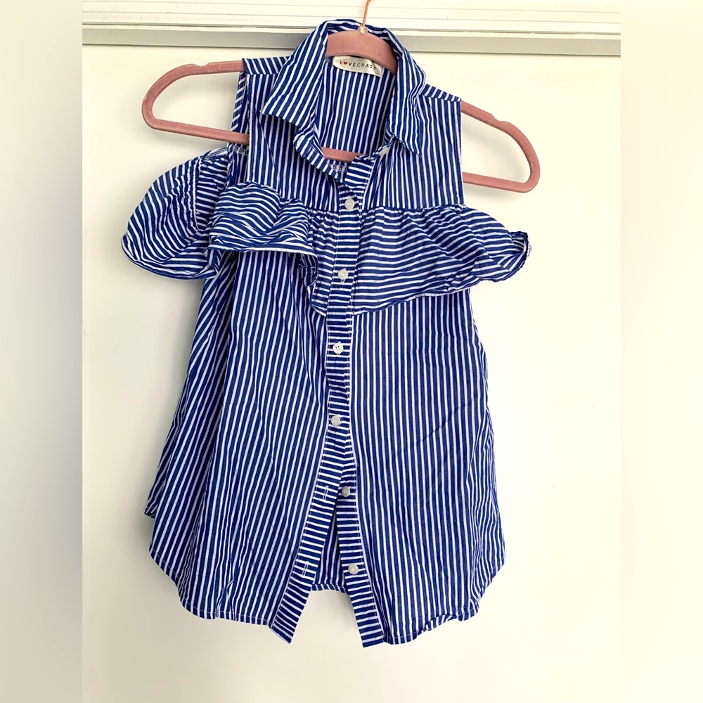 Lovecrazy off shoulder collar 100% cotton blouse pin stripe white and blue S